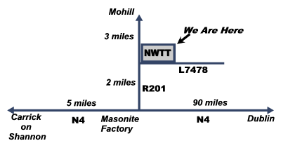 How to Find North West Tiles & Timber  - 5 miles from Carrick on Shannon, 90 miles from Dublin, 2 miles off the N4 at the Masonite Factory take the R201 and after 2 miles ( 3 miles before Mohill ) we are on the right hand side at the L7478 turn-off